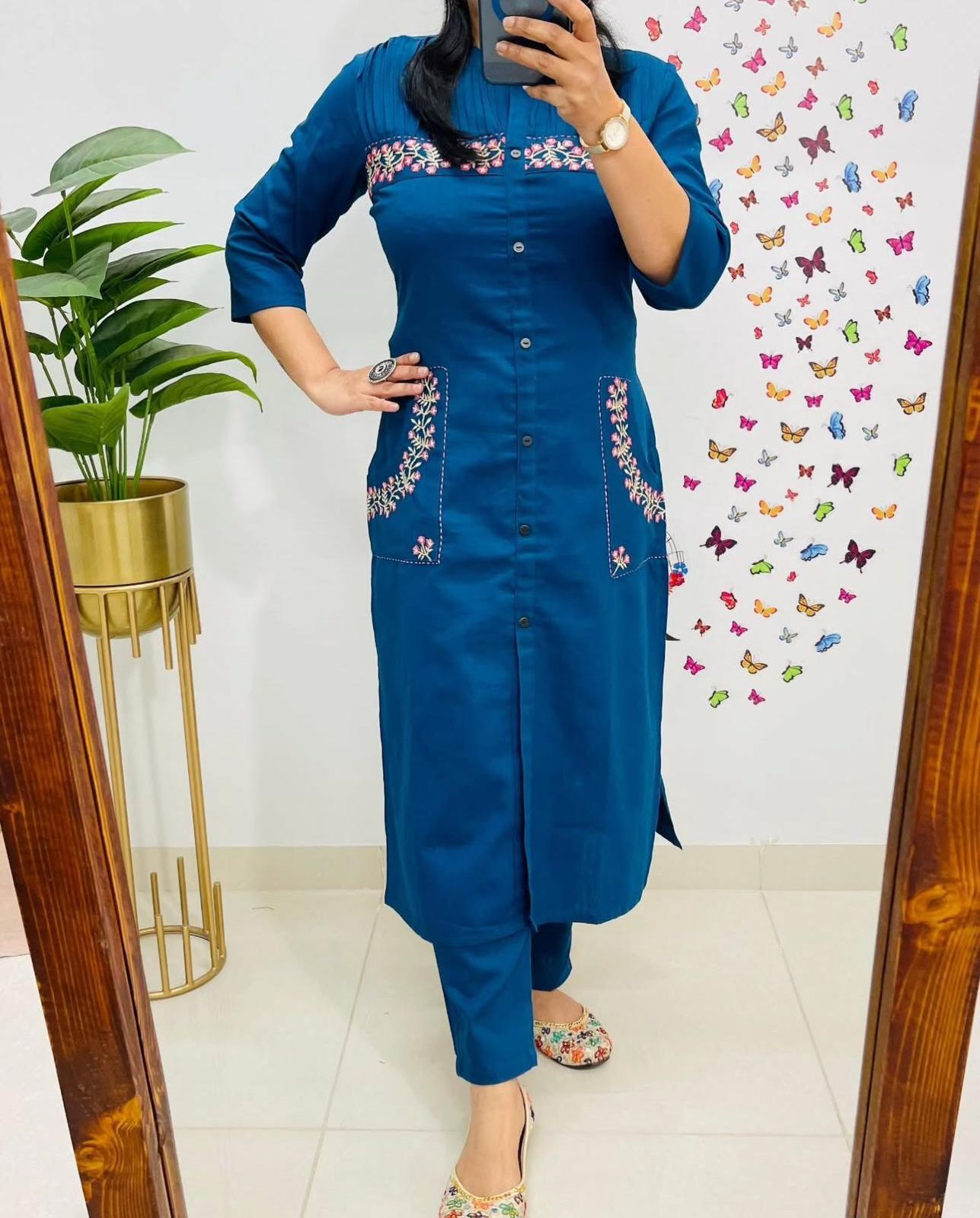Cotton Kurti with Embroidery & Pant | Pocket Style Kurti Set