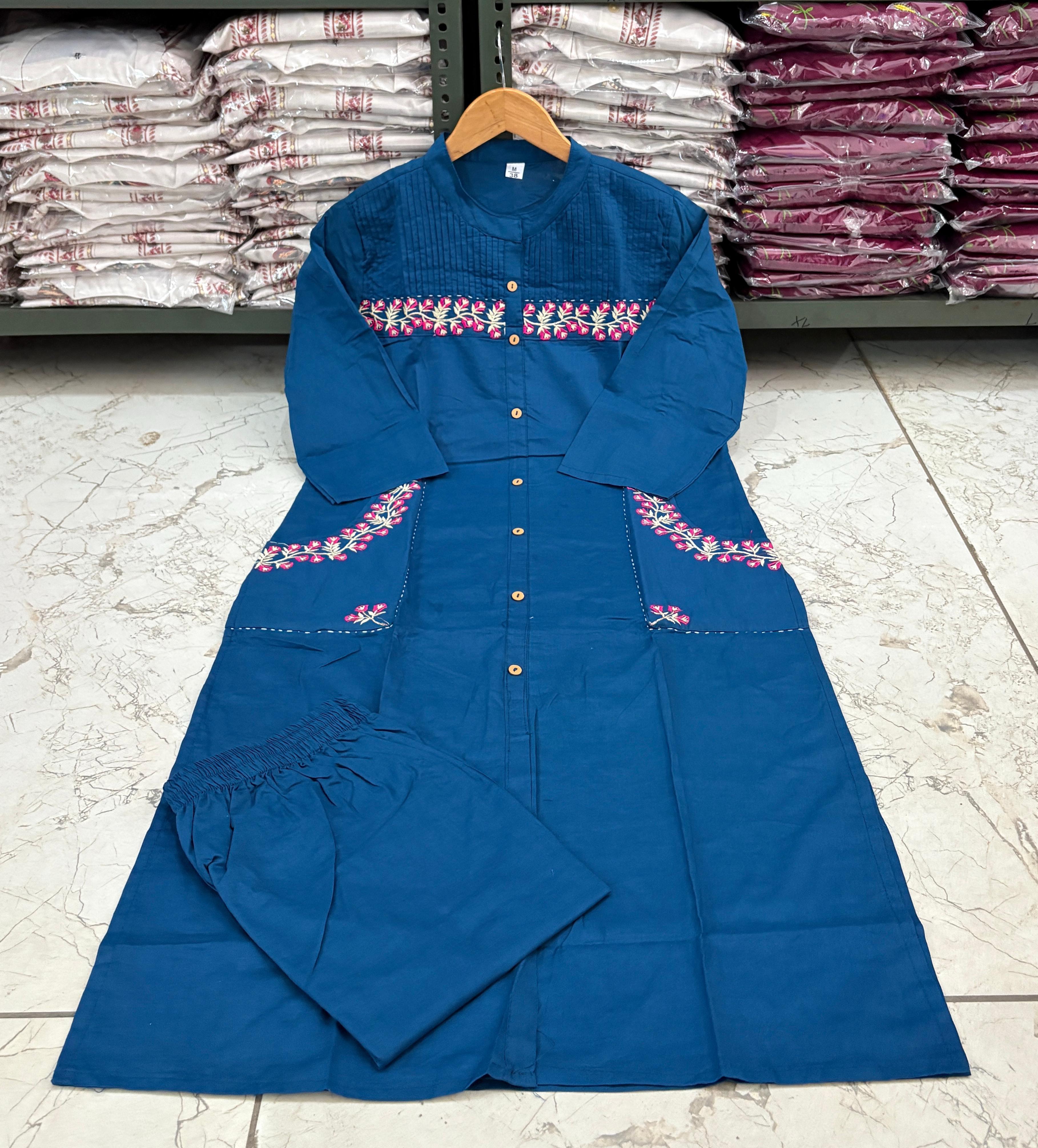 Cotton Kurti with Embroidery & Pant | Pocket Style Kurti Set