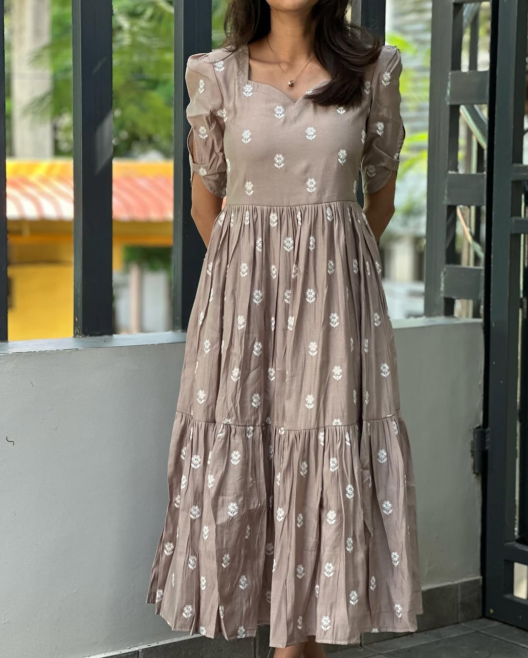 Cotton Midi Kurti with Lily Flower Thread Embroidery & Puff Sleeves