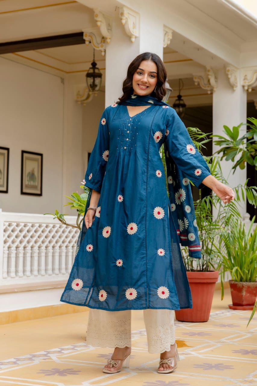 Cotton Pintex Kurti Pant Set with Malmal Printed Dupatta