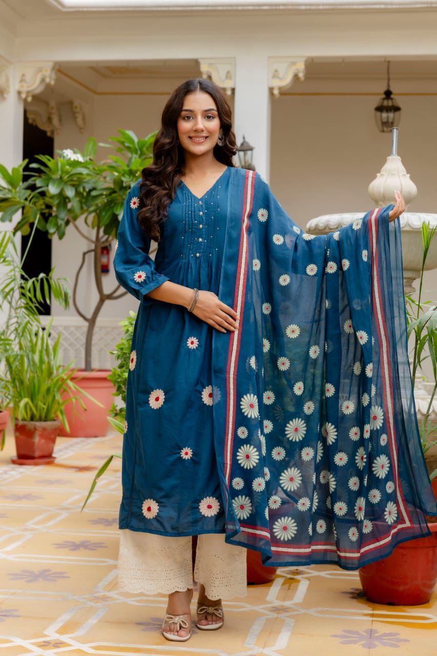 Cotton Pintex Kurti Pant Set with Malmal Printed Dupatta