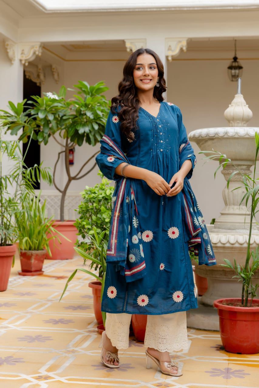 Cotton Pintex Kurti Pant Set with Malmal Printed Dupatta