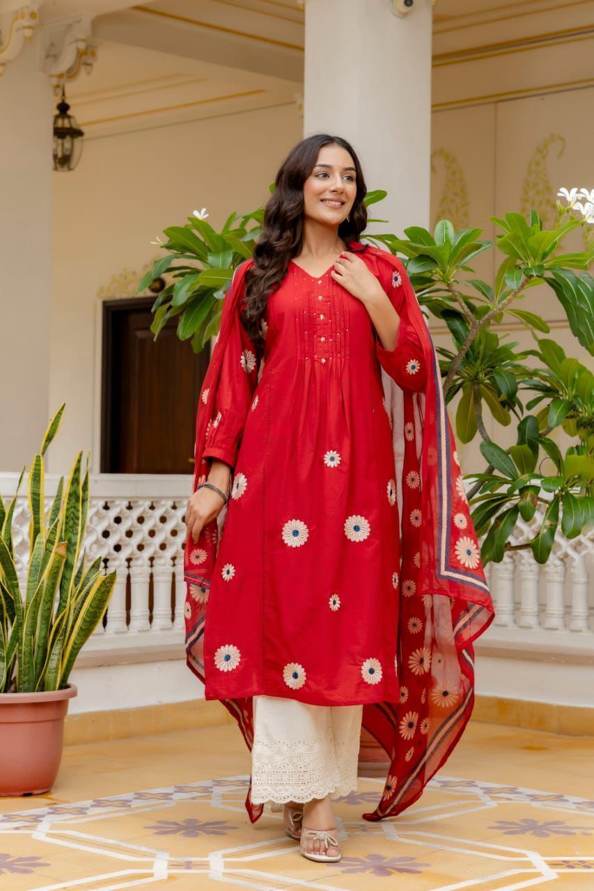Cotton Pintex Kurti Pant Set with Malmal Printed Dupatta