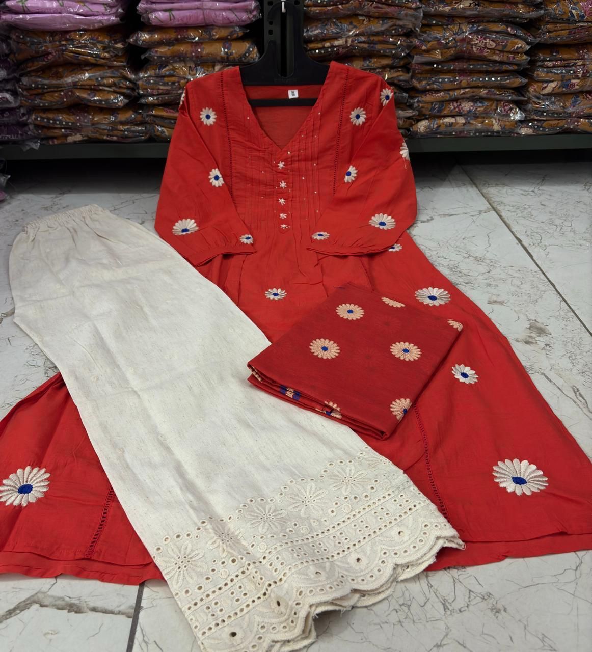 Cotton Pintex Kurti Pant Set with Malmal Printed Dupatta