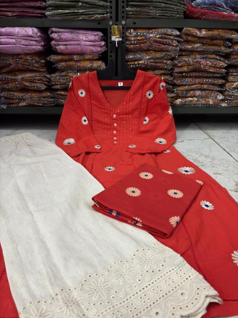 Cotton Pintex Kurti Pant Set with Malmal Printed Dupatta