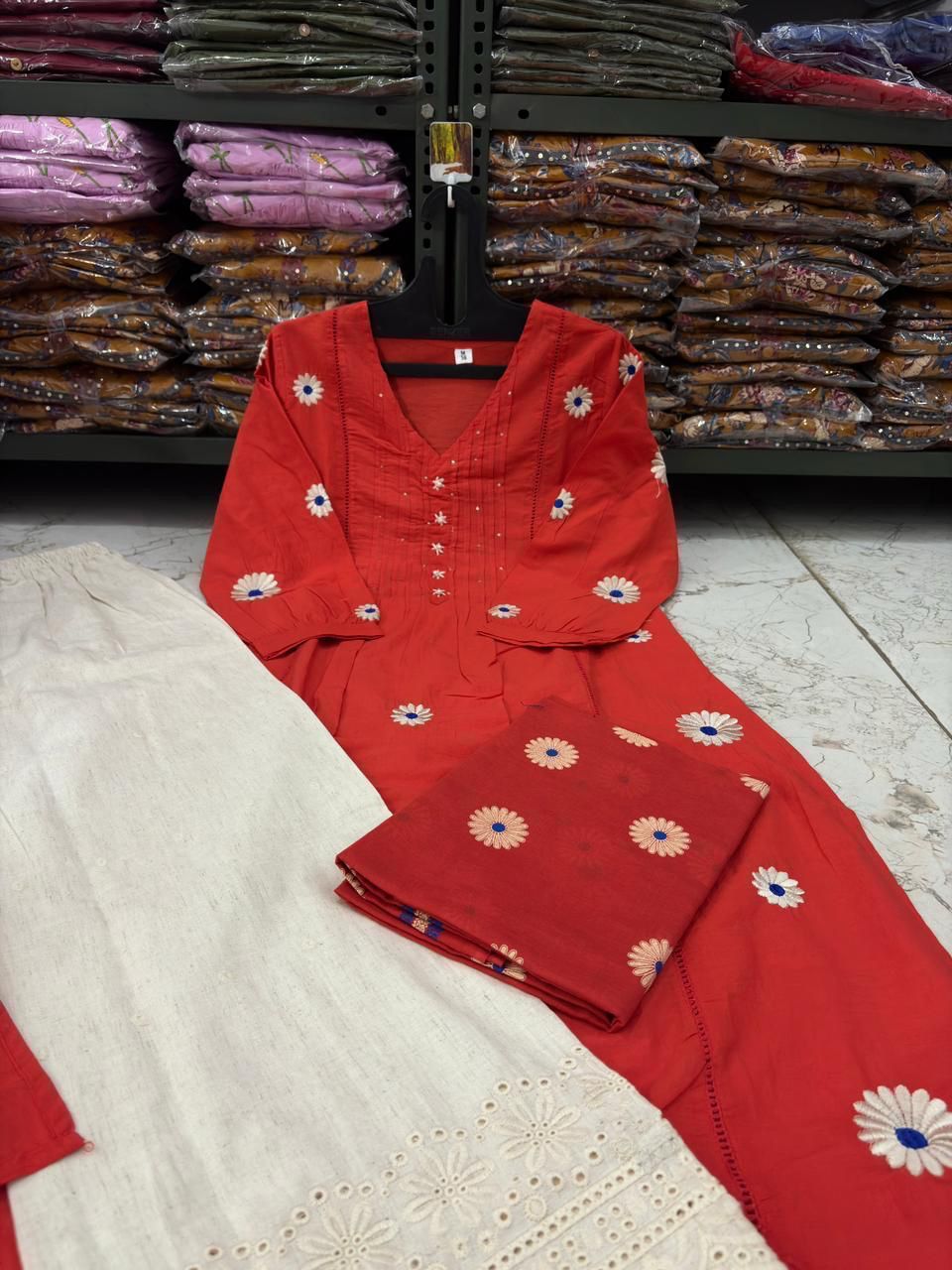 Cotton Pintex Kurti Pant Set with Malmal Printed Dupatta