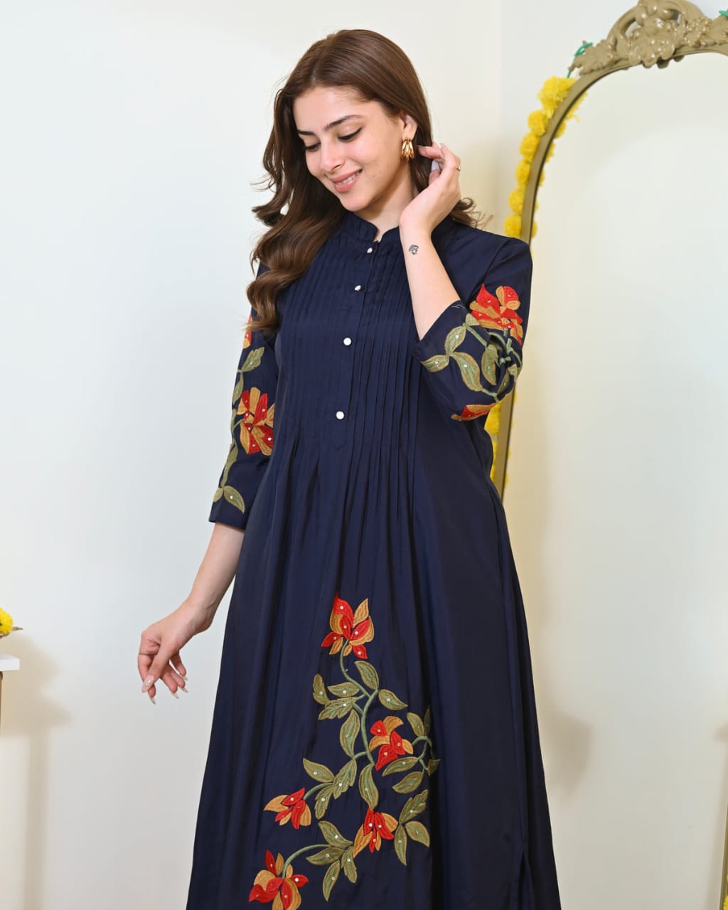 Cotton Pintex Embroidered Kurti Pant Set with Pocket for Women