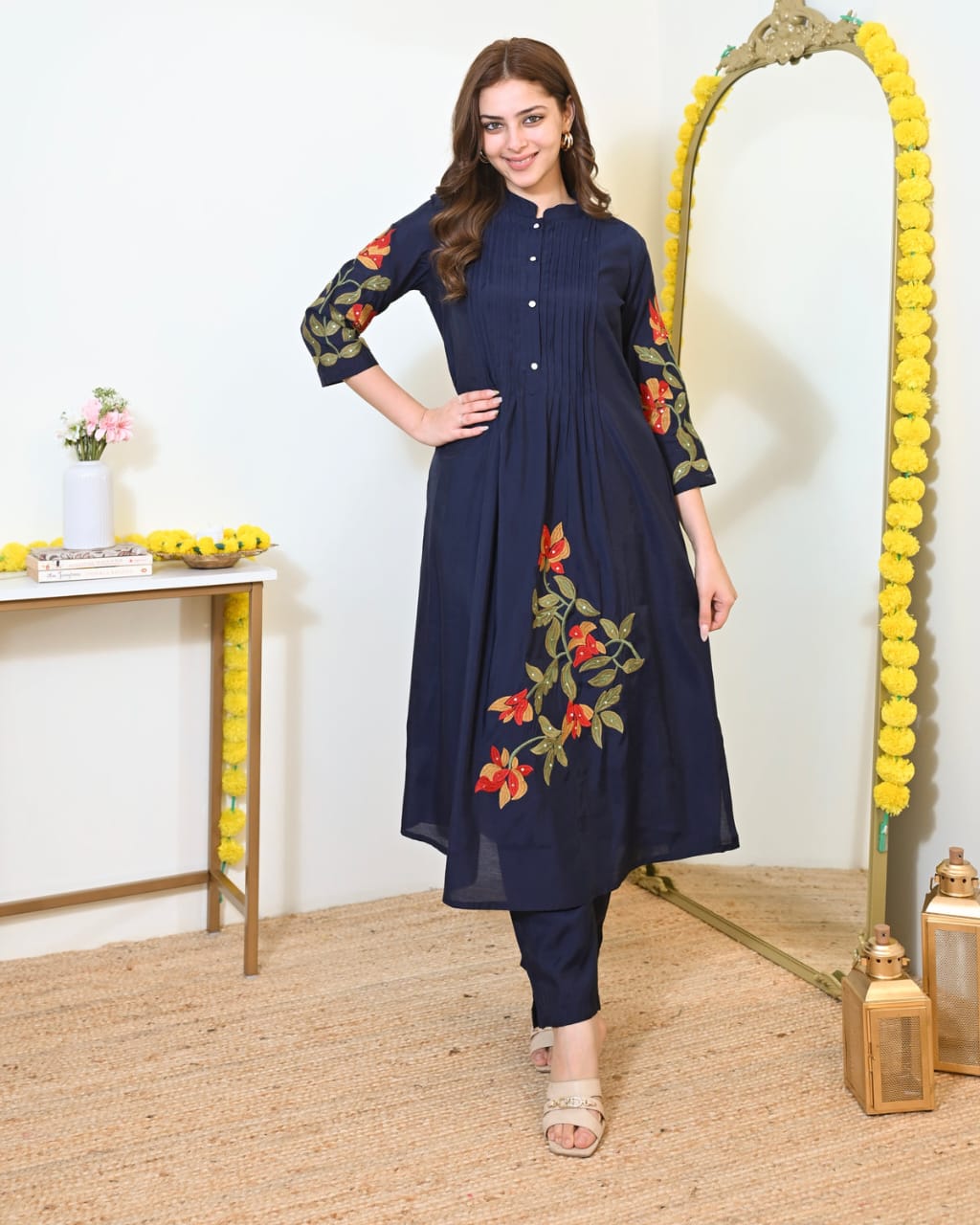 Cotton Pintex Embroidered Kurti Pant Set with Pocket for Women
