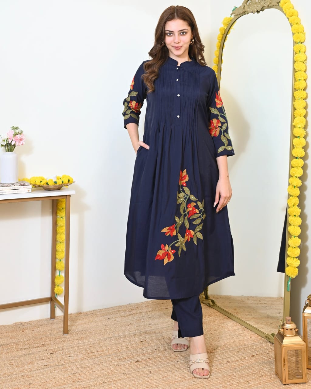 Cotton Pintex Kurti Pant Set with Embroidery & Pocket