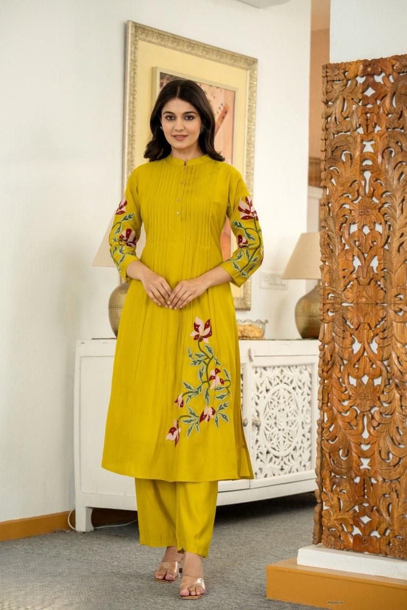 Cotton Pintex Kurti Pant Set with Embroidery & Pocket