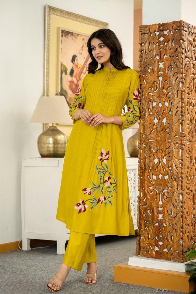 Cotton Pintex Kurti Pant Set with Embroidery & Pocket
