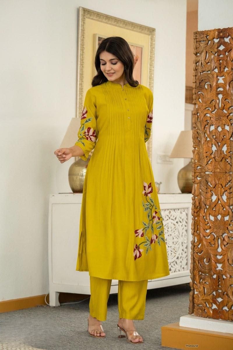 Cotton Pintex Kurti Pant Set with Embroidery & Pocket