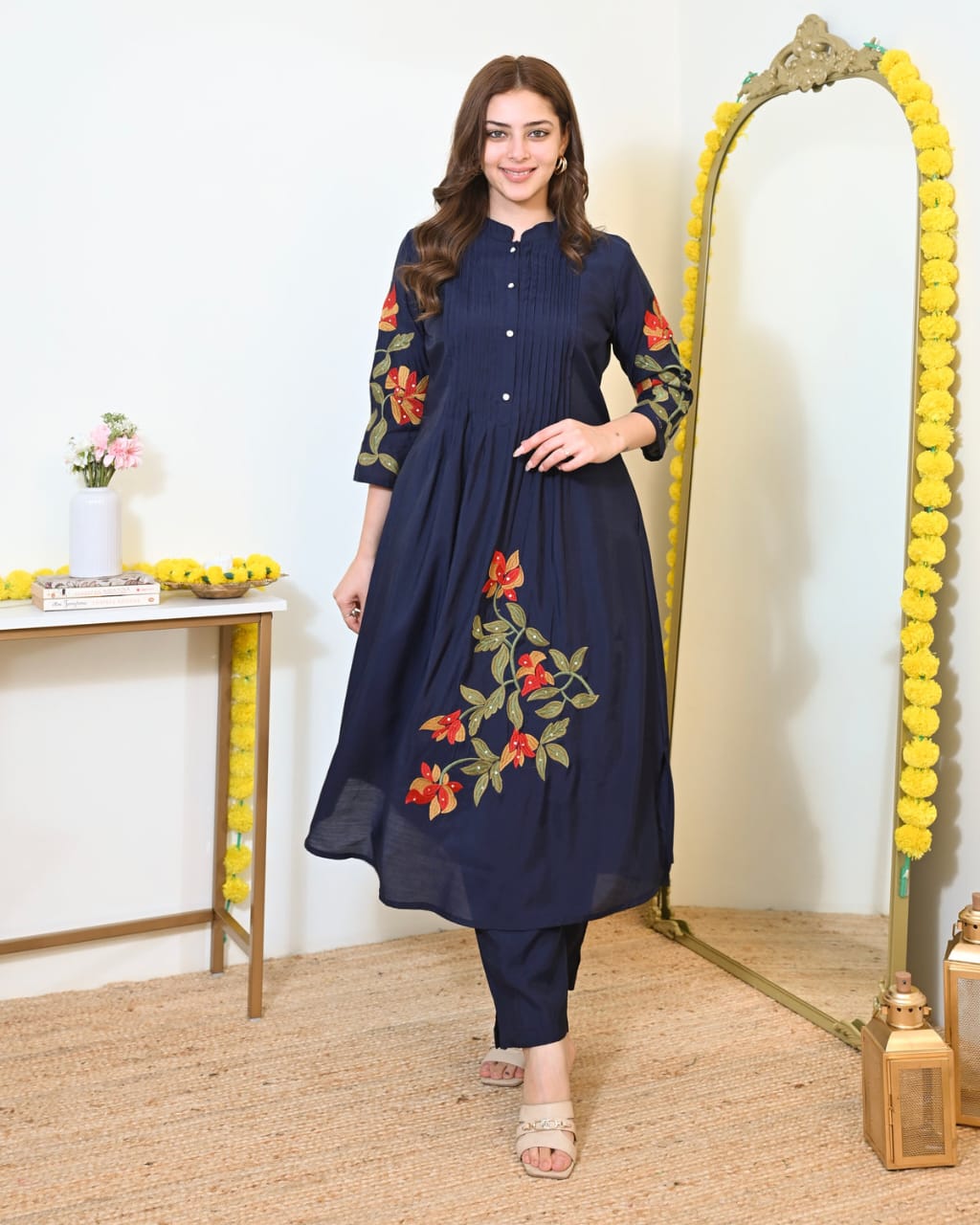 Cotton Pintex Kurti Pant Set with Embroidery & Pocket