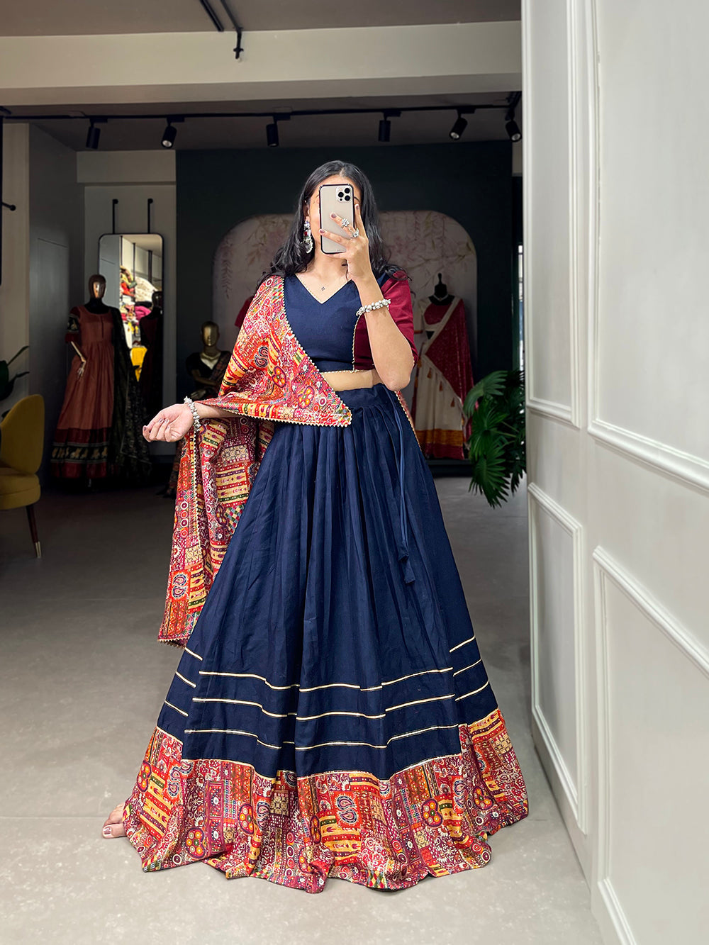 Navy Blue Color Plain And Printed With Gotta Patti Cotton For Navratri Chaniya Choli