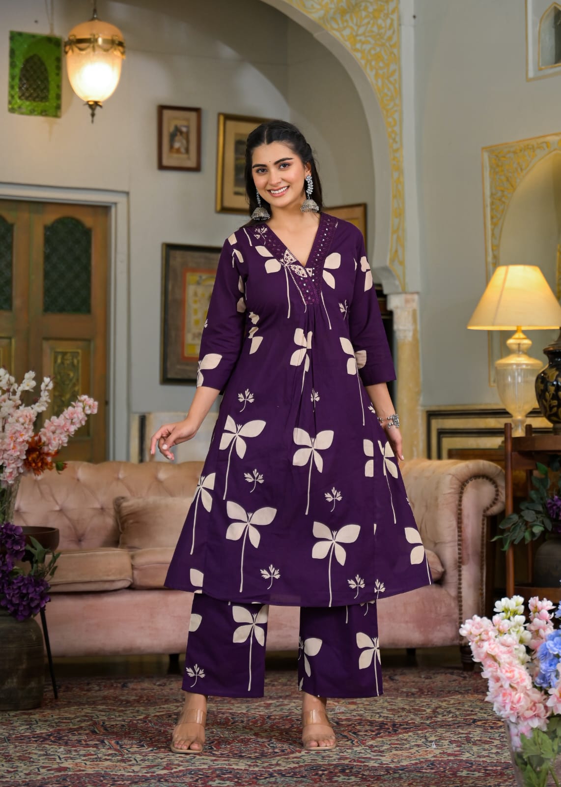 Cotton Printed A-Line Kurti Set with Embroidered V-Neck & Pocket