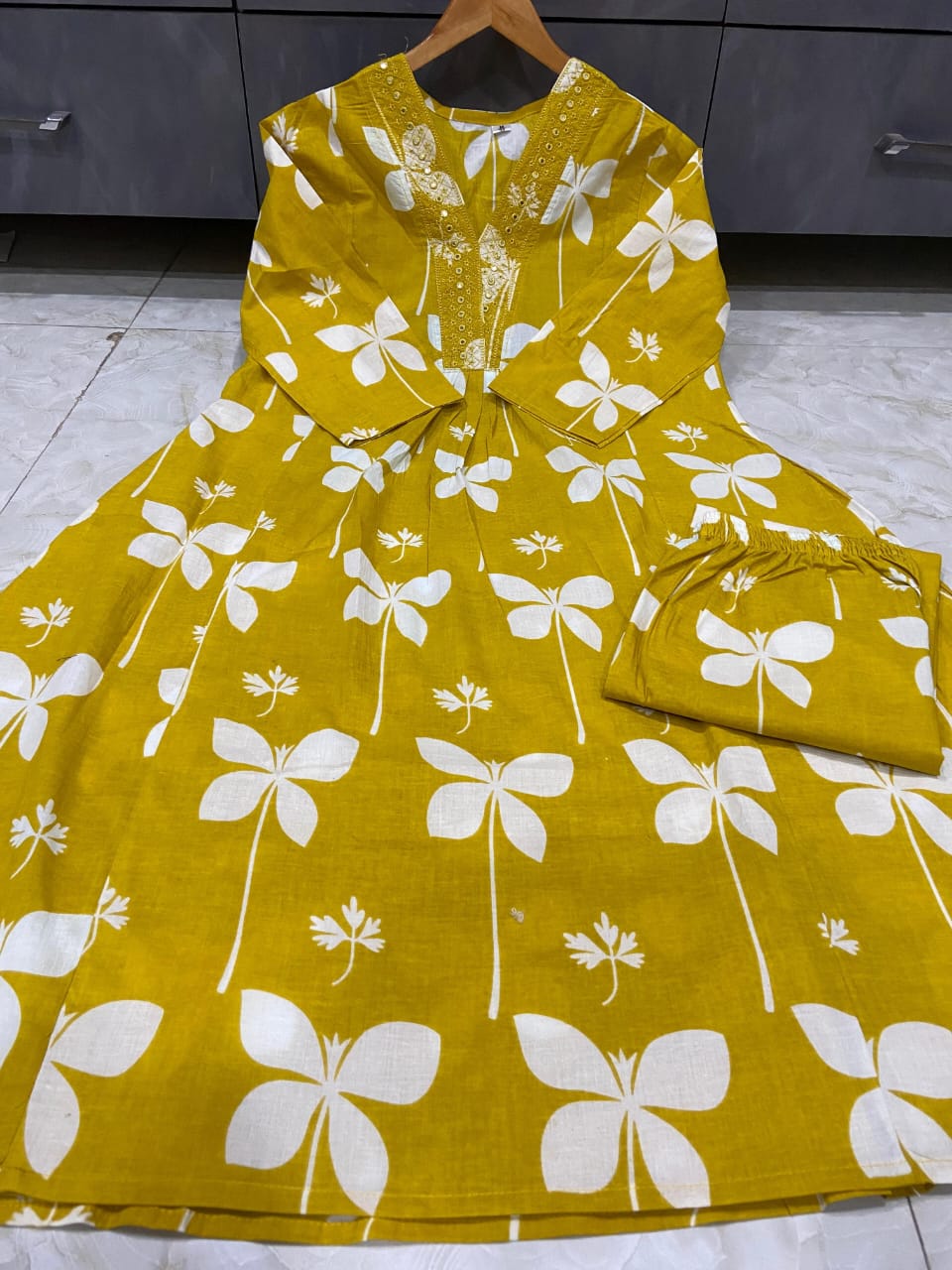Cotton Printed A-Line Kurti Set with Embroidered V-Neck & Pocket