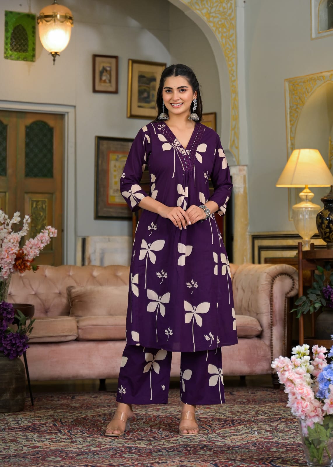 Cotton Printed A-Line Kurti Set with Embroidered V-Neck & Pocket
