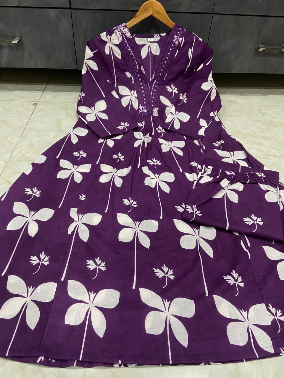 Cotton Printed A-Line Kurti Set with Embroidered V-Neck & Pocket