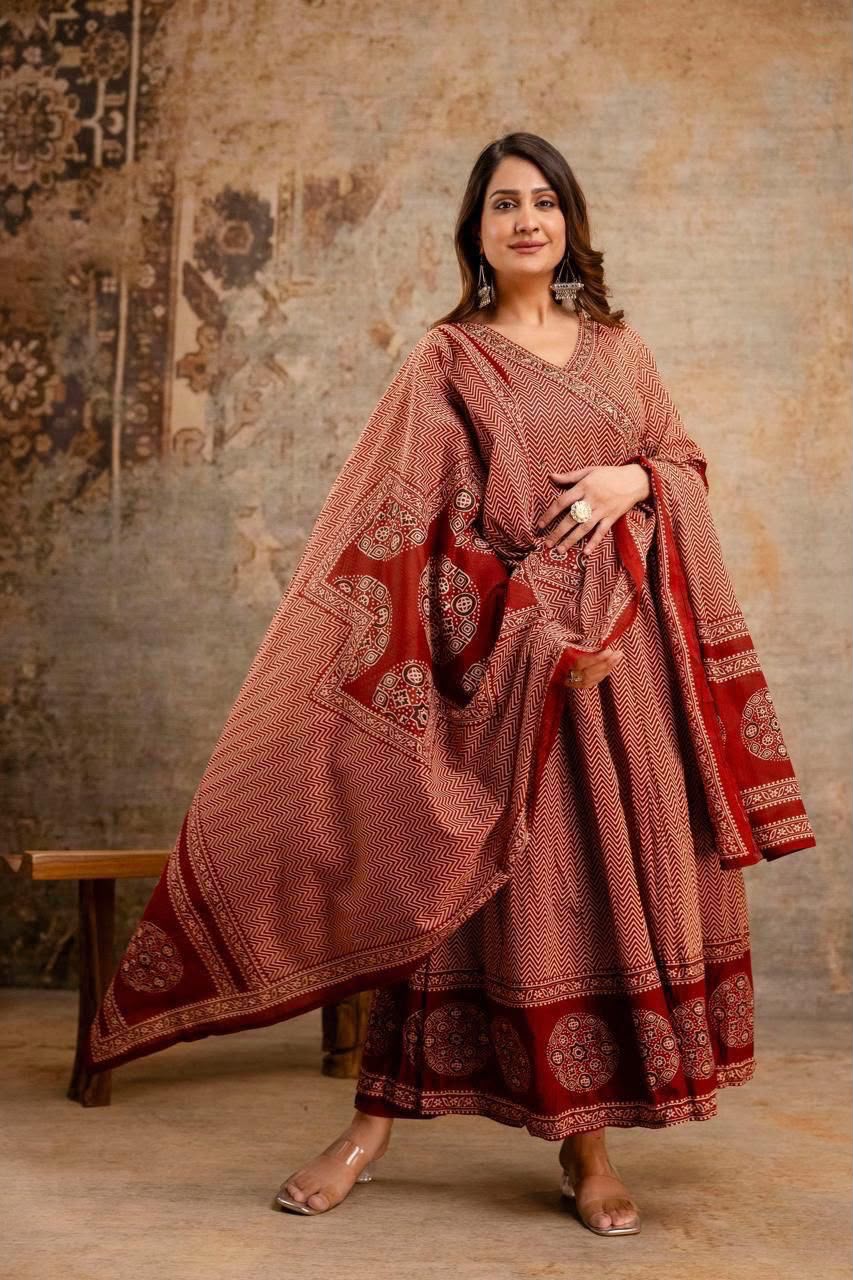 Cotton Printed Angrakha Anarkali Kurti Pant Set with Mal Mal Dupatta – 3-Piece Suit Set