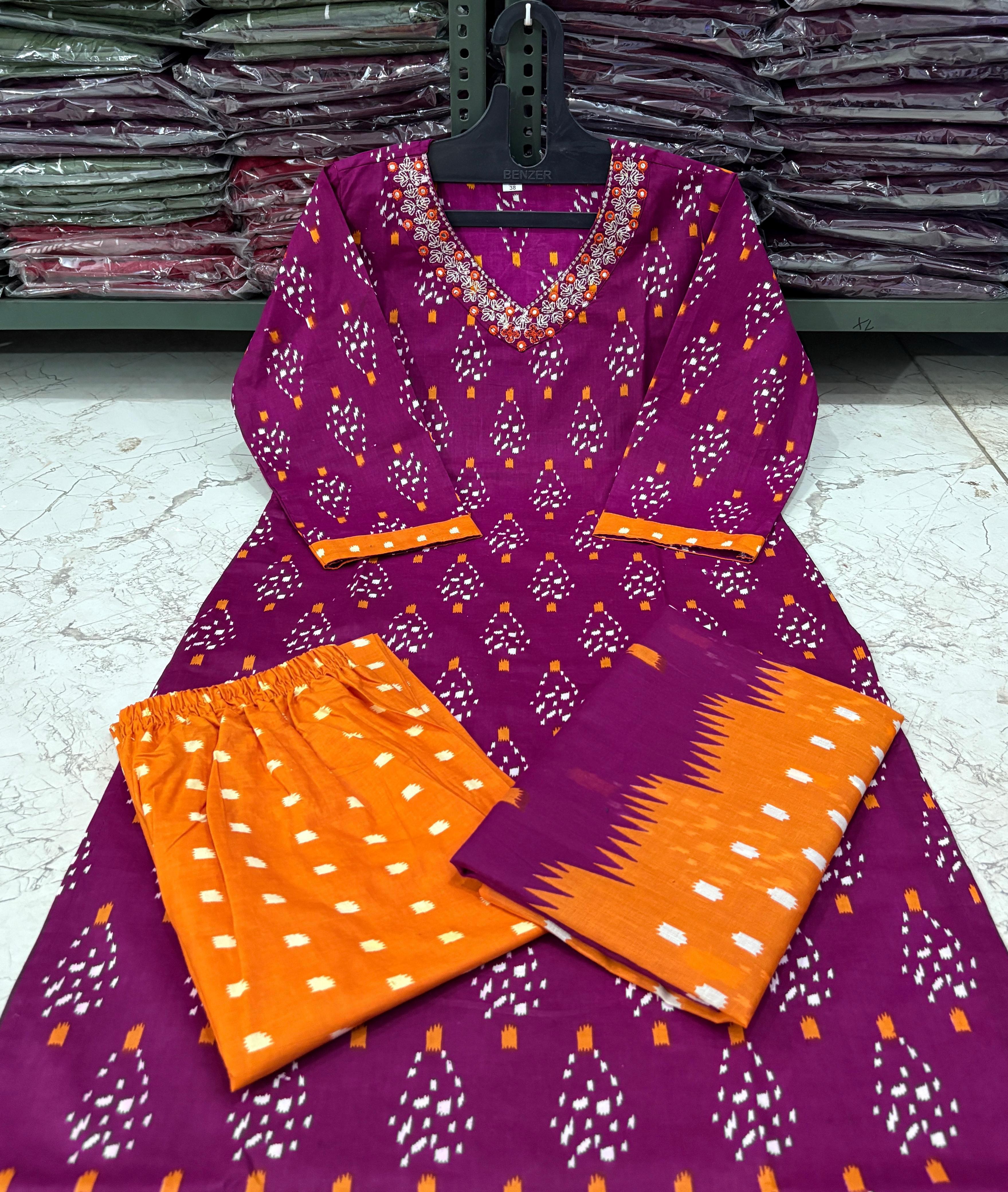 Cotton Printed Suit Set with Embroidered Neckline | 60x60 Cotton