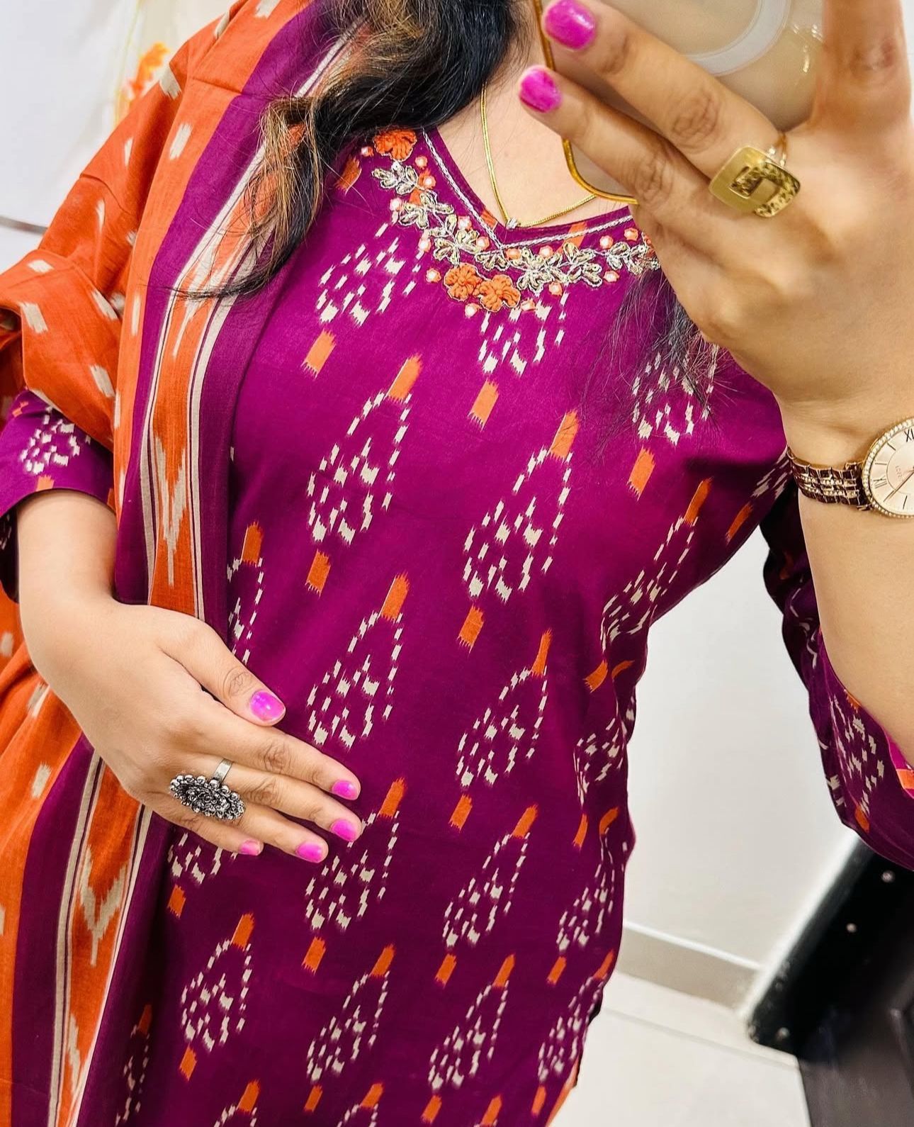 Cotton Printed Suit Set with Embroidered Neckline | 60x60 Cotton