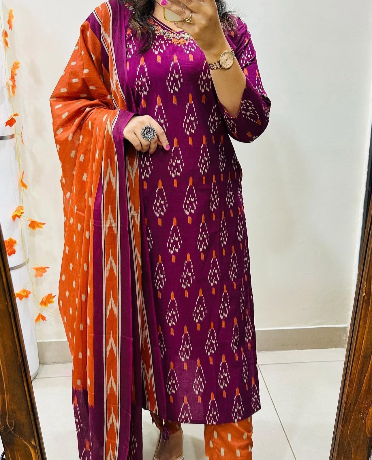 Cotton Printed Suit Set with Embroidered Neckline | 60x60 Cotton