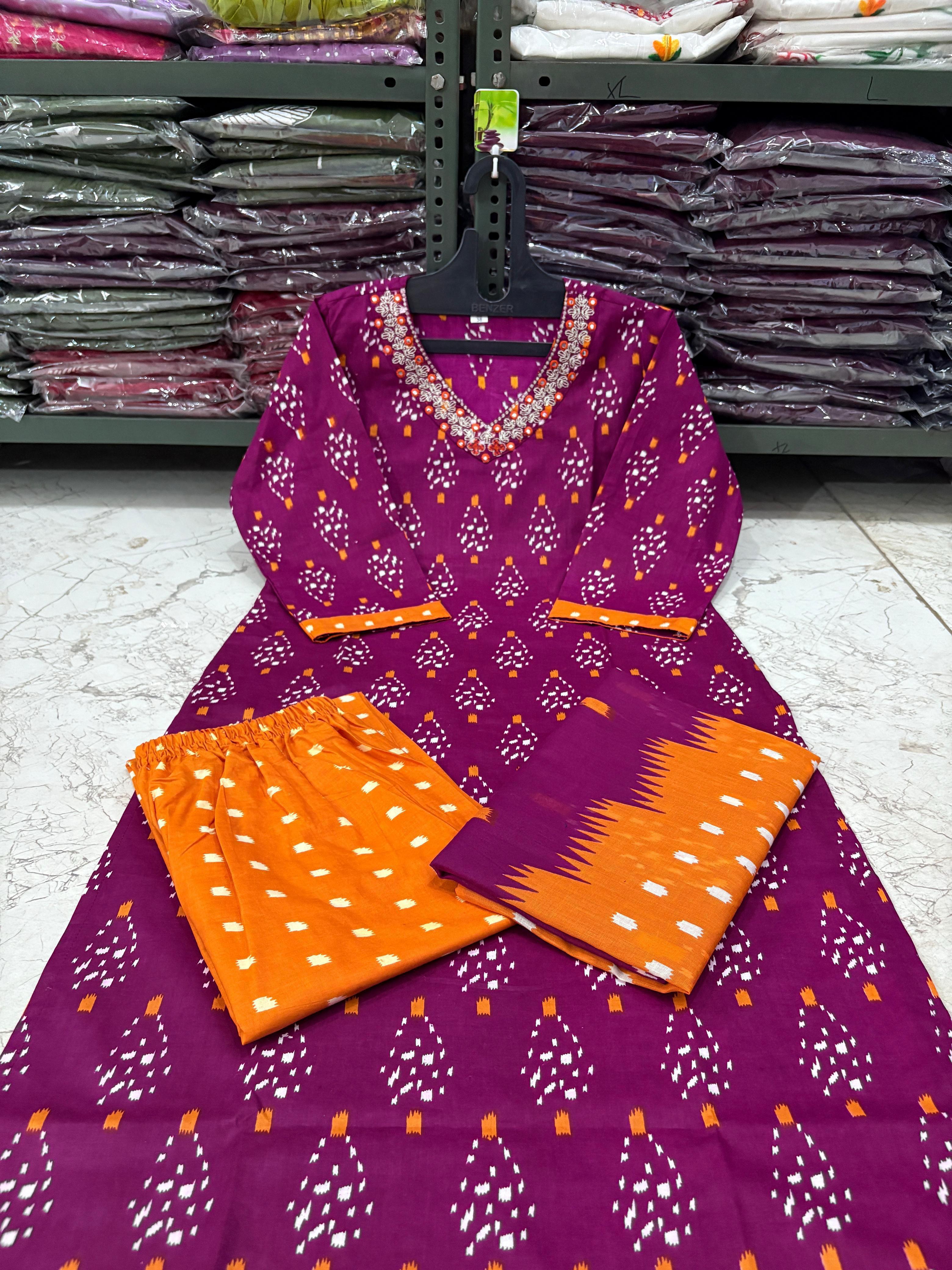 Cotton Printed Suit Set with Embroidered Neckline | 60x60 Cotton