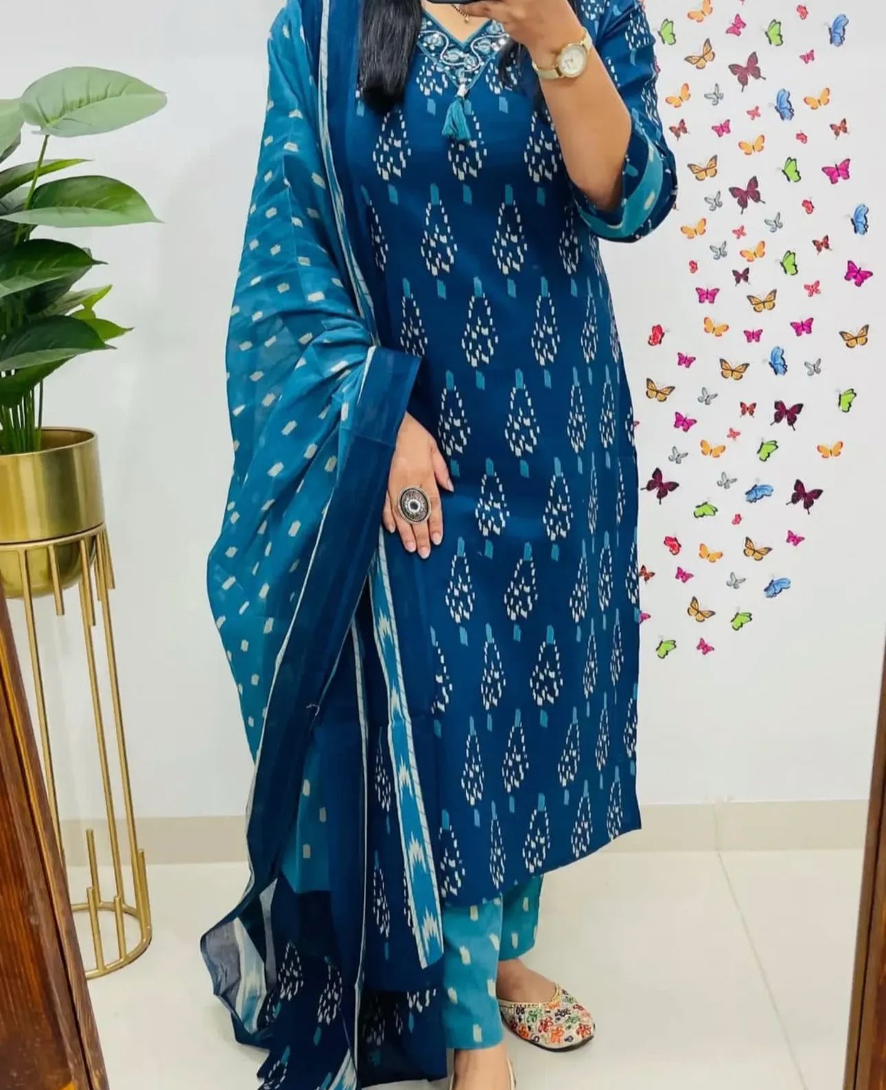 Cotton Printed Suit Set with Pant & Dupatta – Embroidered Neckline