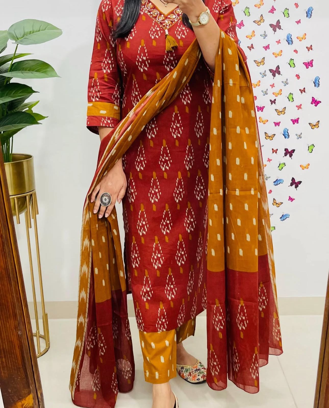 Cotton Printed Suit Set with Pant & Dupatta – Embroidered Neckline