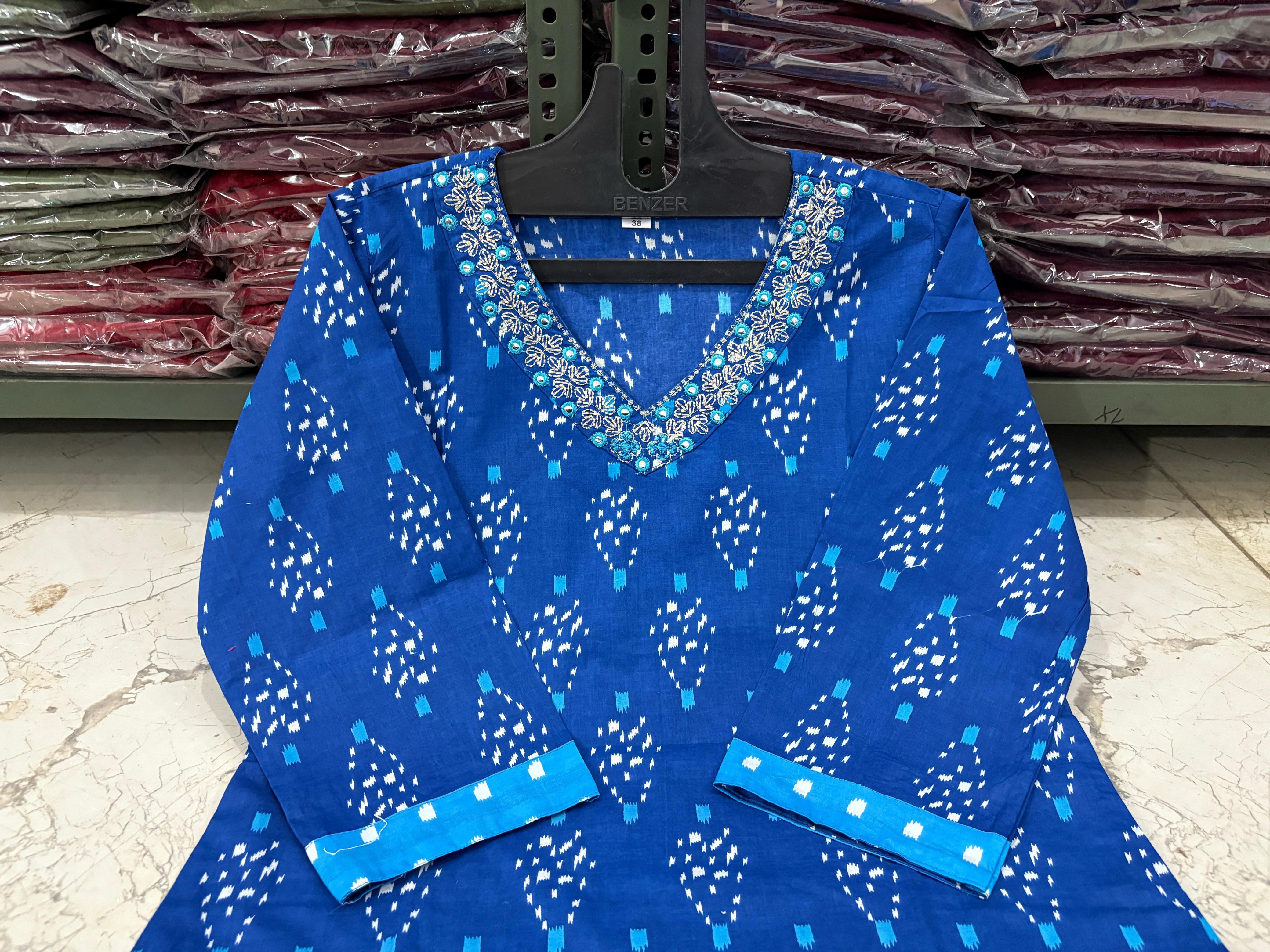 Cotton Printed Suit Set with Pant & Dupatta – Embroidered Neckline