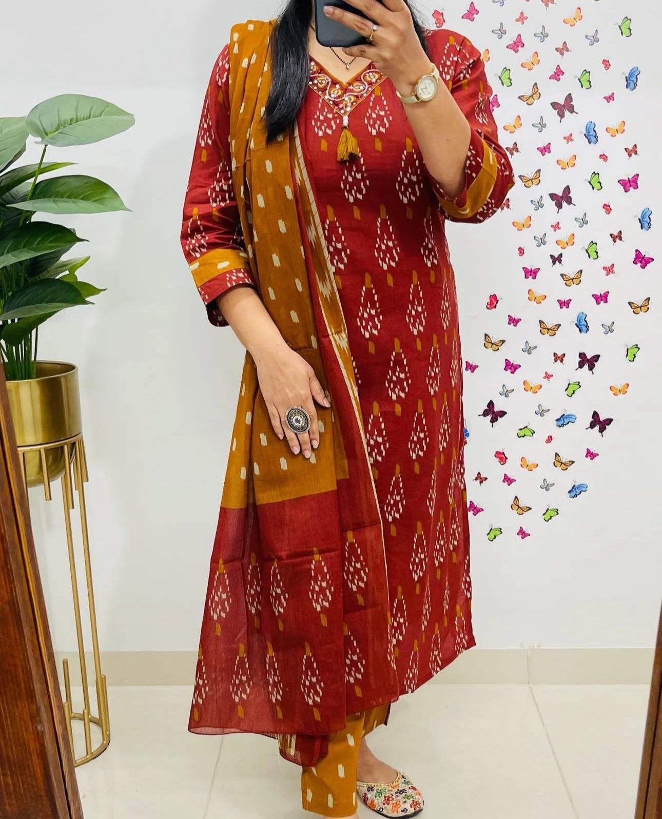 Cotton Printed Suit Set with Pant & Dupatta – Embroidered Neckline