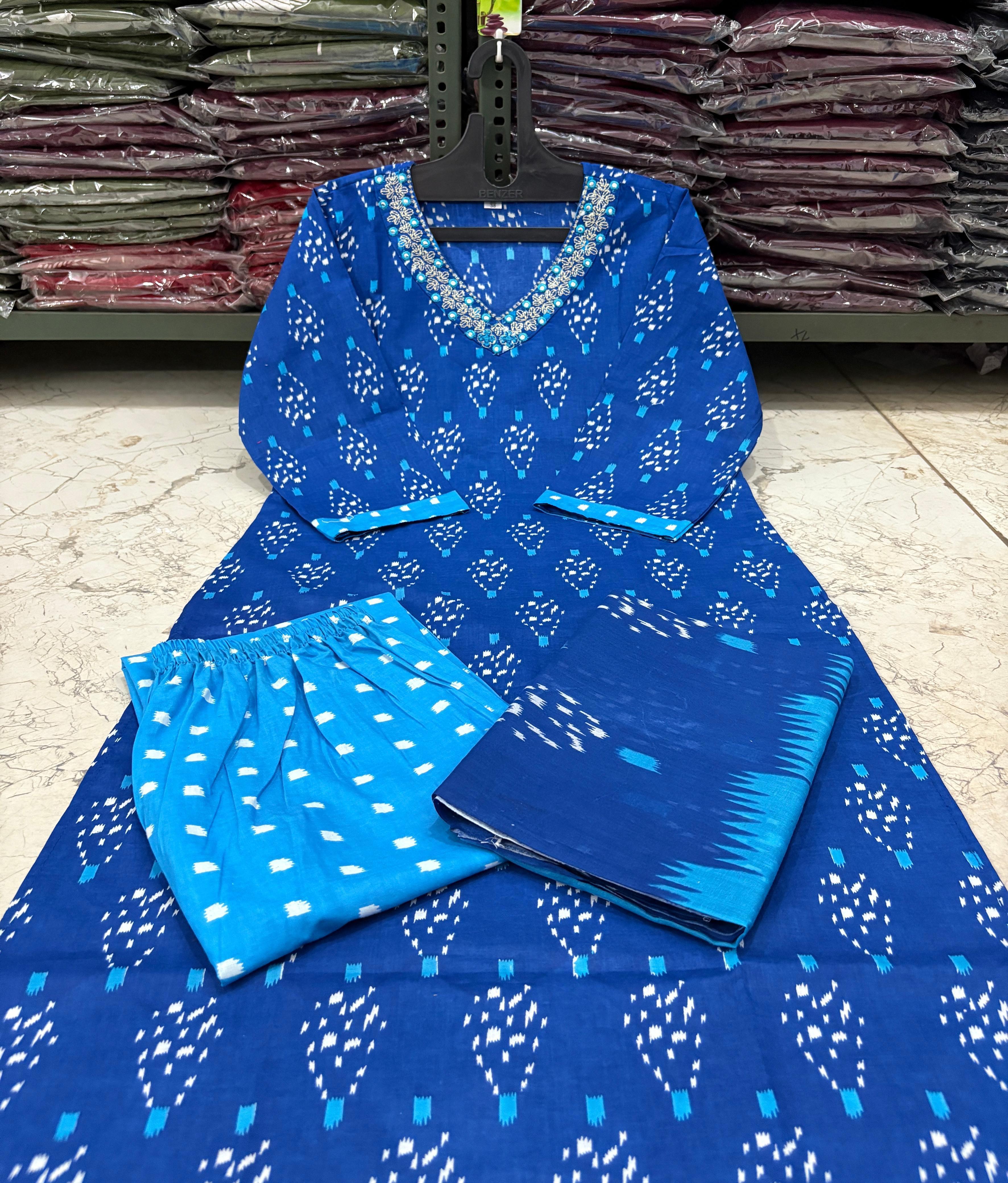 Cotton Printed Suit Set with Pant & Dupatta – Embroidered Neckline