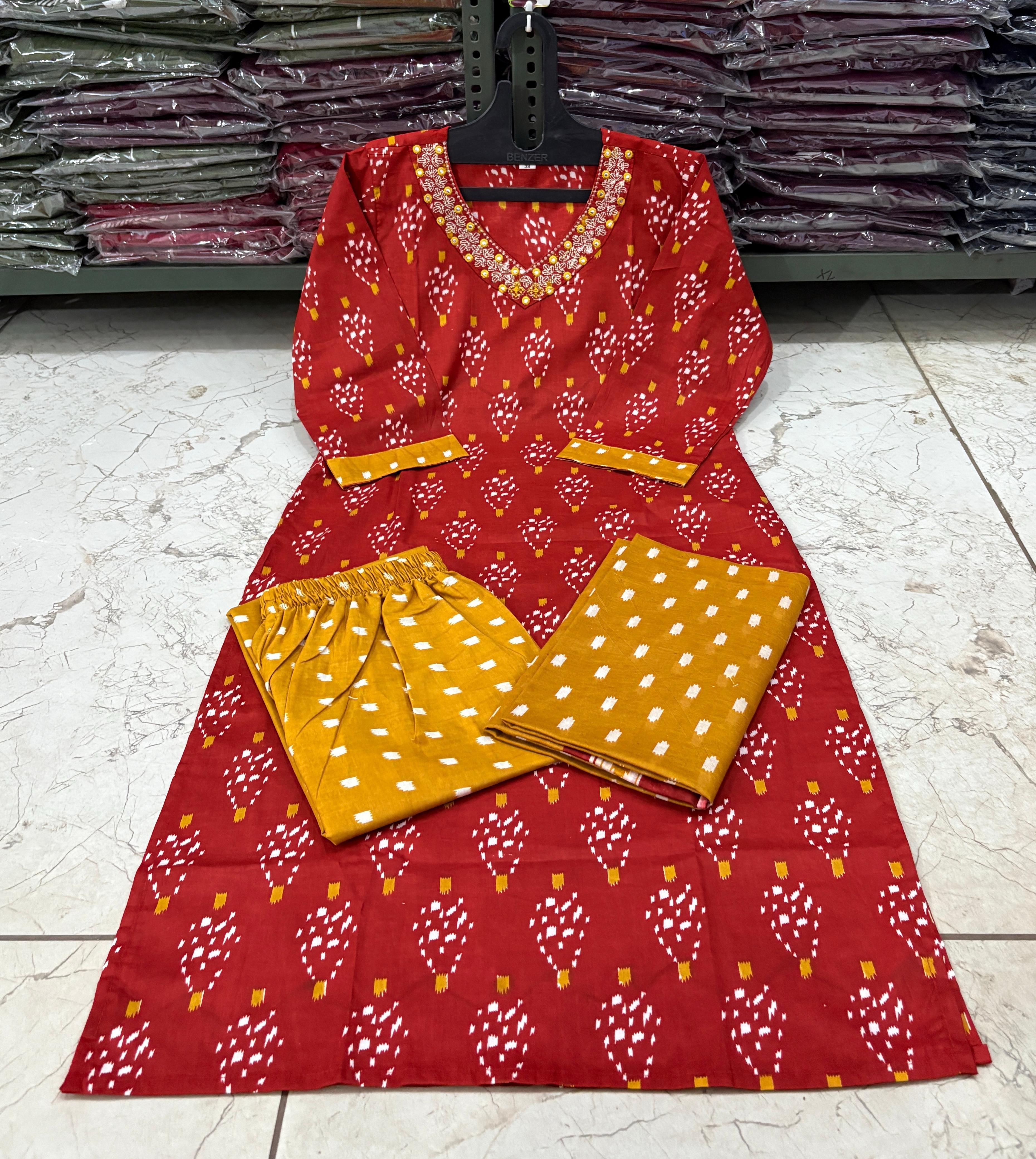 Cotton Printed Suit Set with Pant & Dupatta – Embroidered Neckline