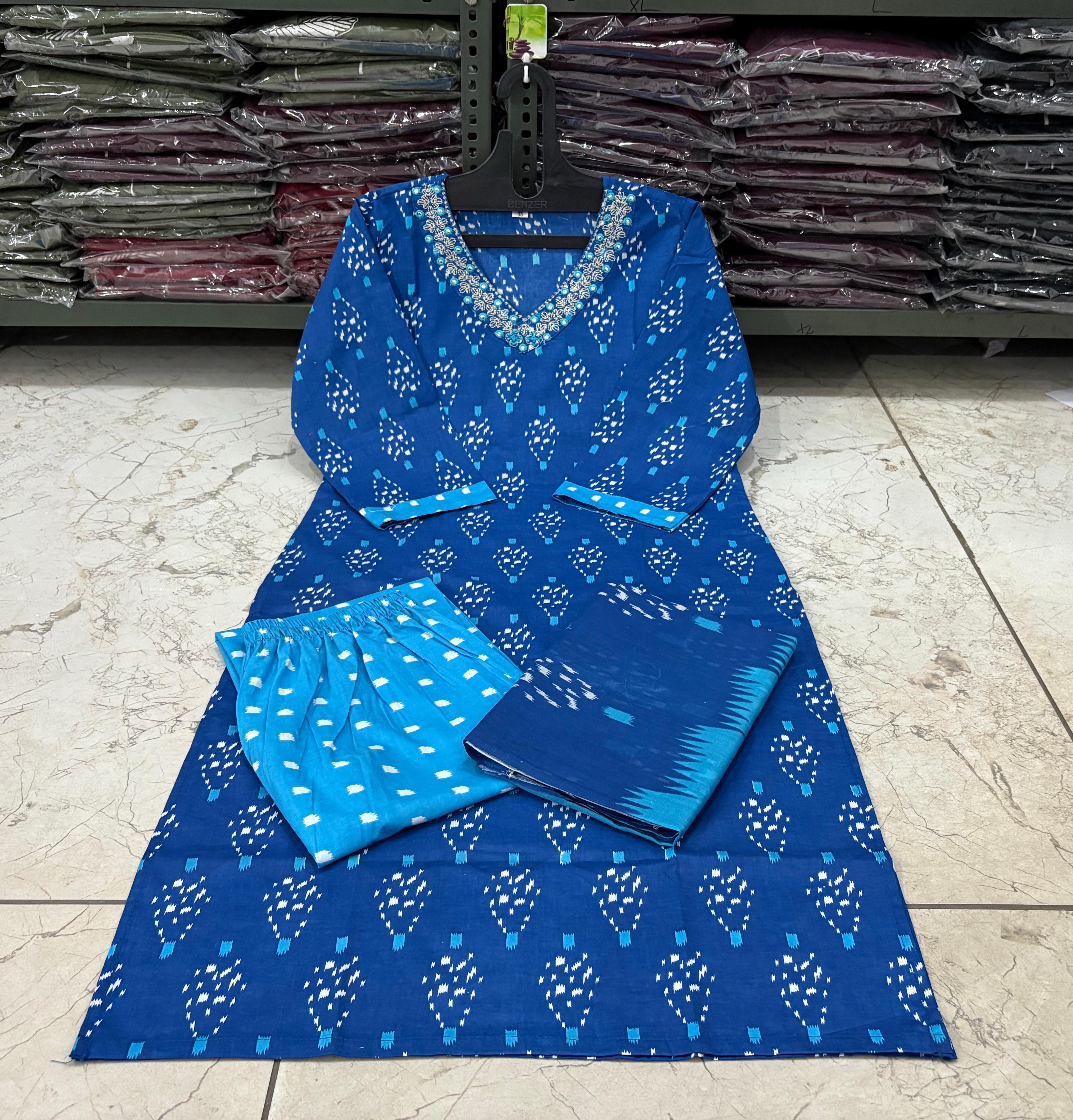 Cotton Printed Suit Set with Pant & Dupatta – Embroidered Neckline