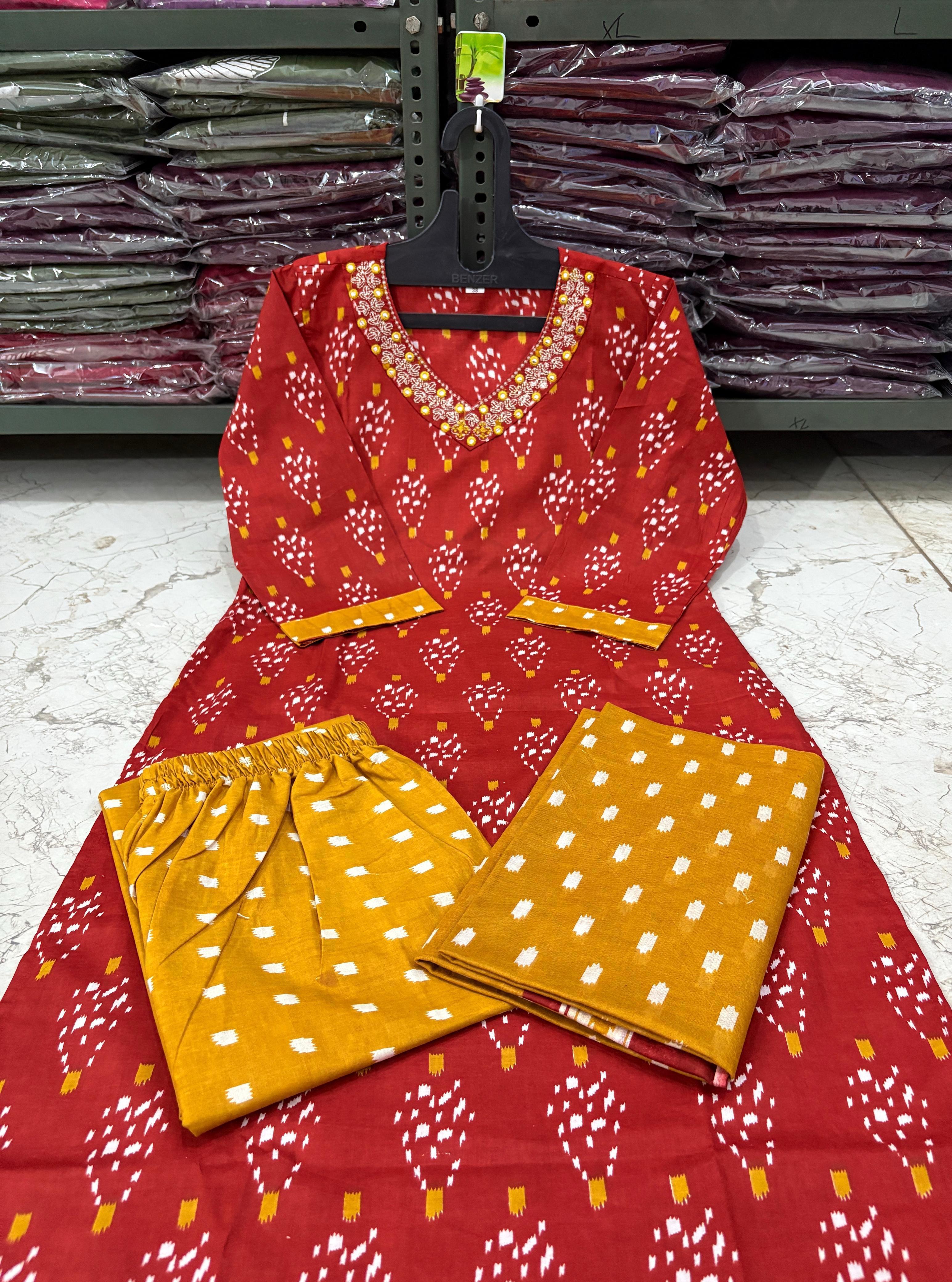 Cotton Printed Suit Set with Pant & Dupatta – Embroidered Neckline