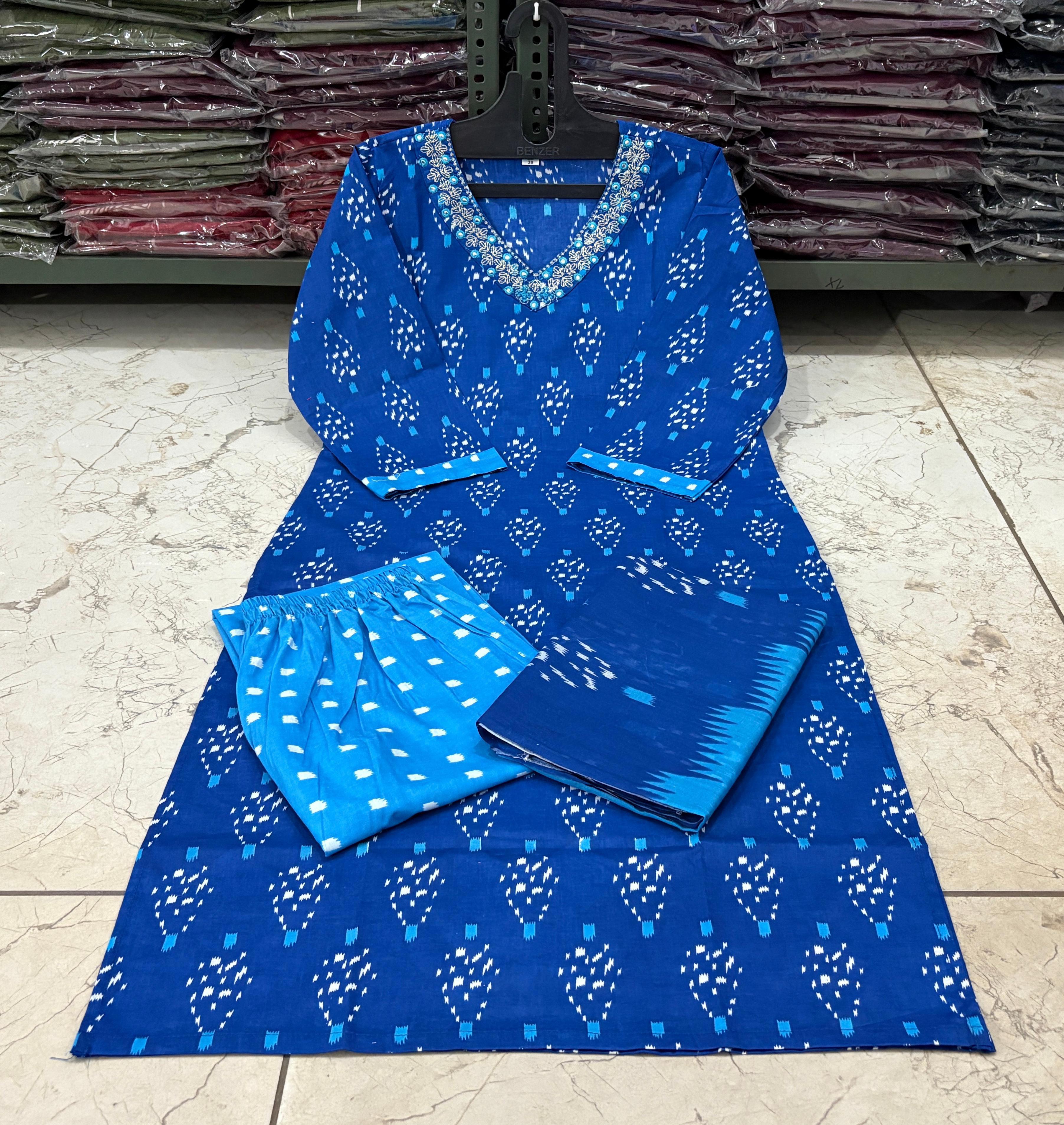 Cotton Printed Suit Set with Pant & Dupatta – Embroidered Neckline