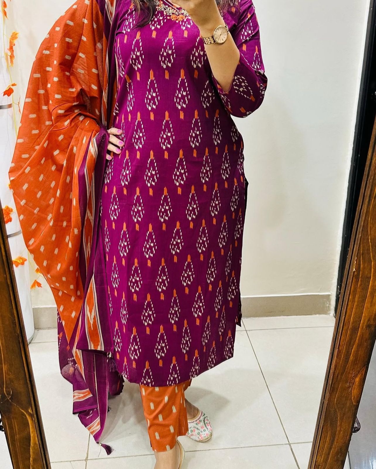 Cotton Printed Suit Set with Pant & Dupatta – Embroidered Neckline