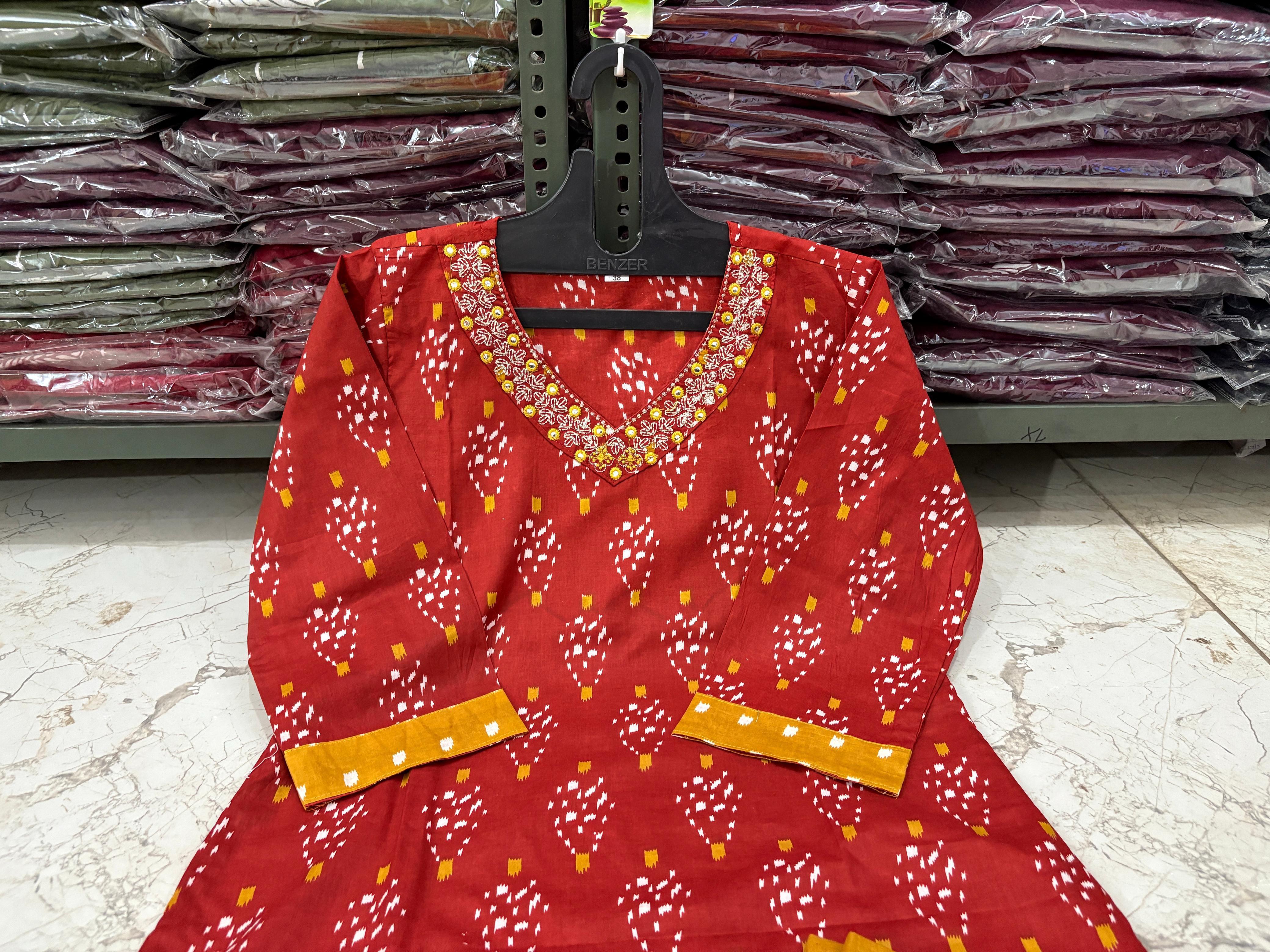 Cotton Printed Suit Set with Pant & Dupatta – Embroidered Neckline