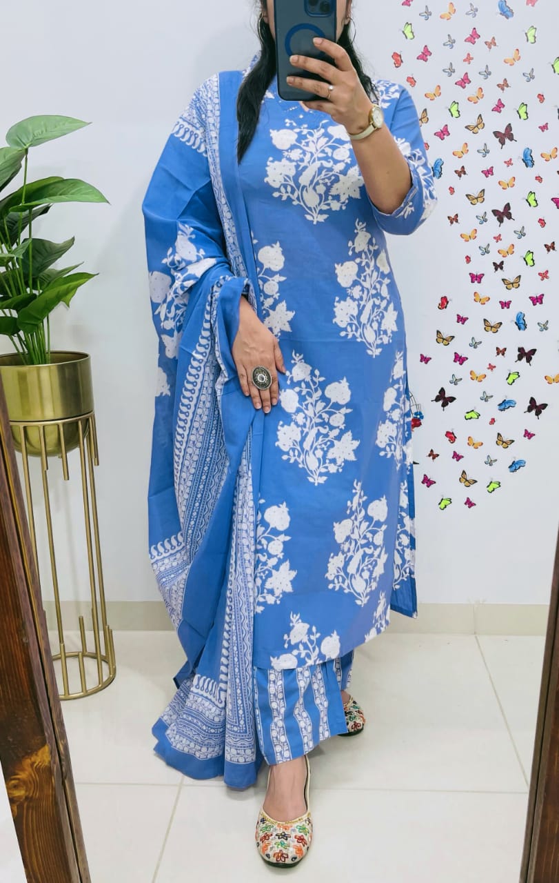 Cotton Sequence Work Kurti with Pant & Cotton Dupatta Set | Fully Stitched