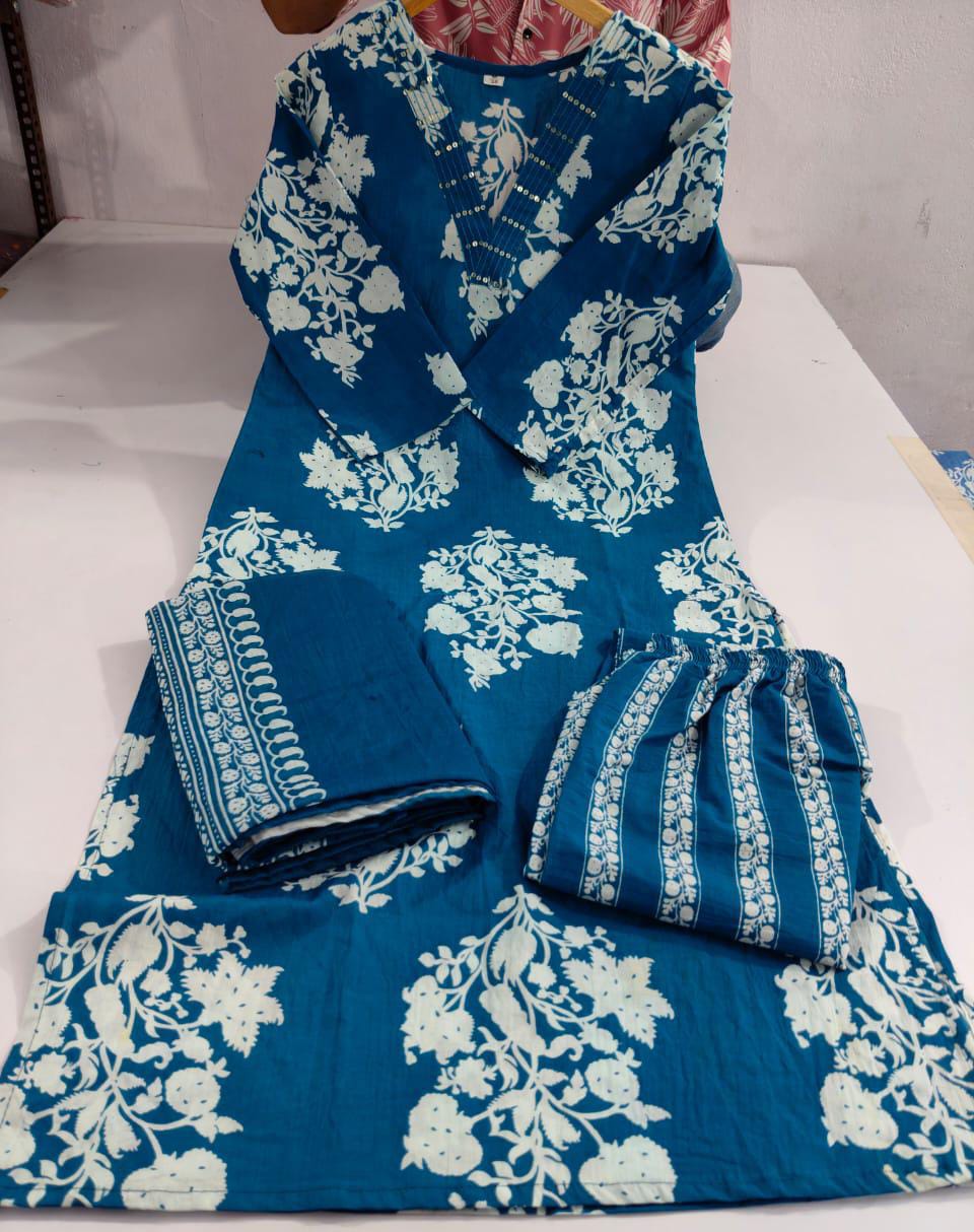 Cotton Sequence Work Kurti with Pant & Cotton Dupatta Set | Fully Stitched