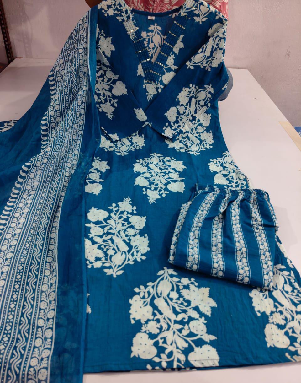 Cotton Sequence Work Kurti with Pant & Cotton Dupatta Set | Fully Stitched