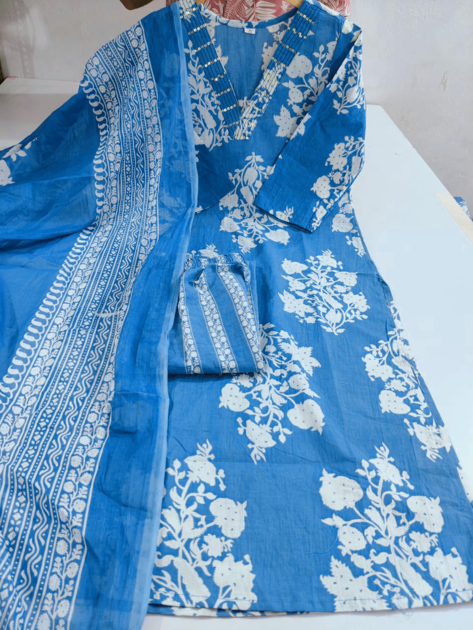 Cotton Sequence Work Kurti with Pant & Cotton Dupatta Set | Fully Stitched