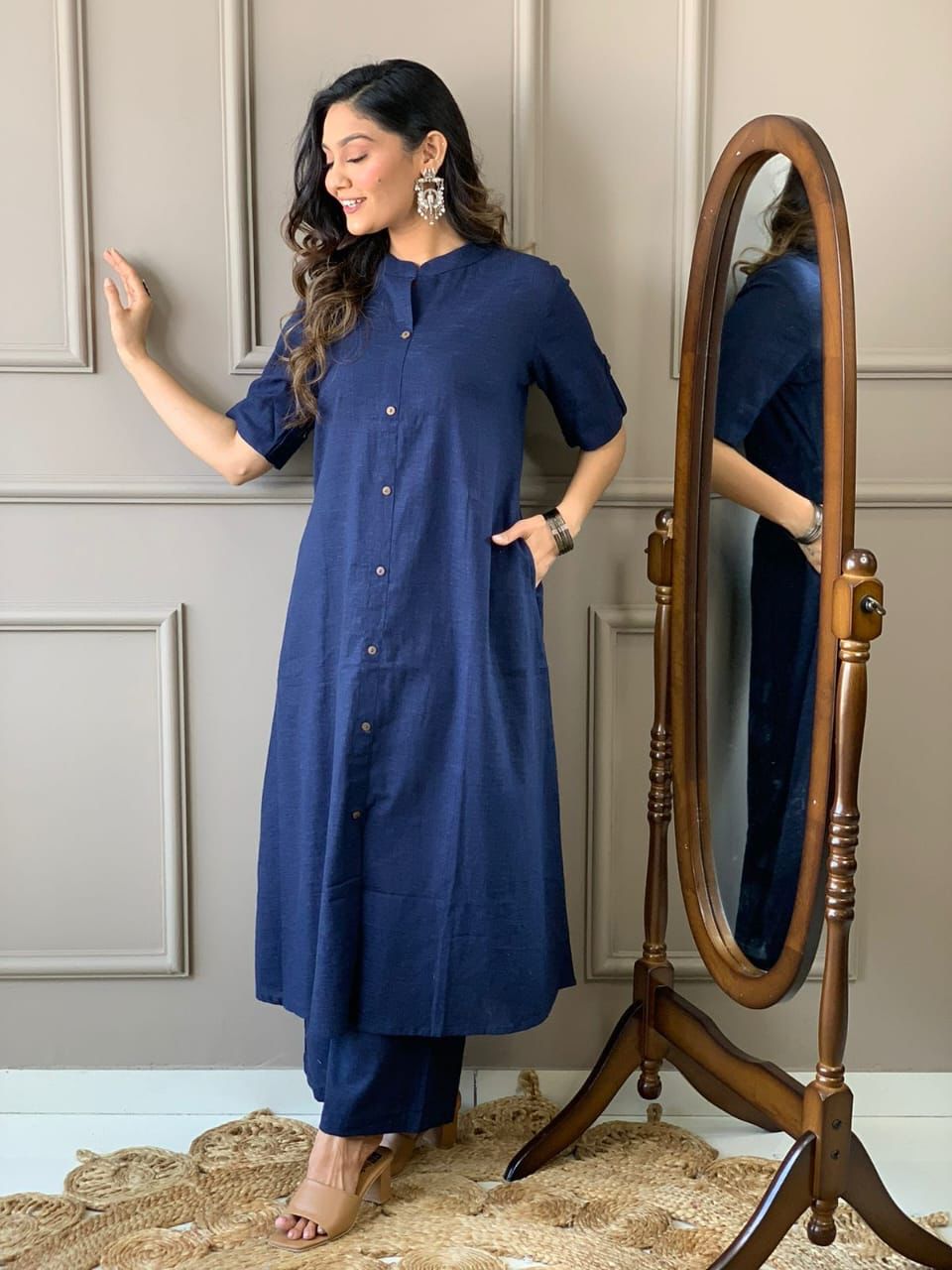 Cotton Slub A-Line Kurti Co-Ord Set with Ankle-Length Plazo