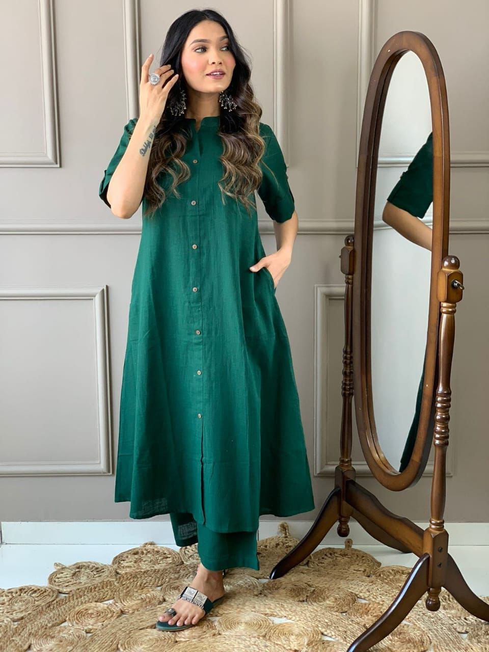 Cotton Slub A-Line Kurti Co-Ord Set with Ankle-Length Plazo