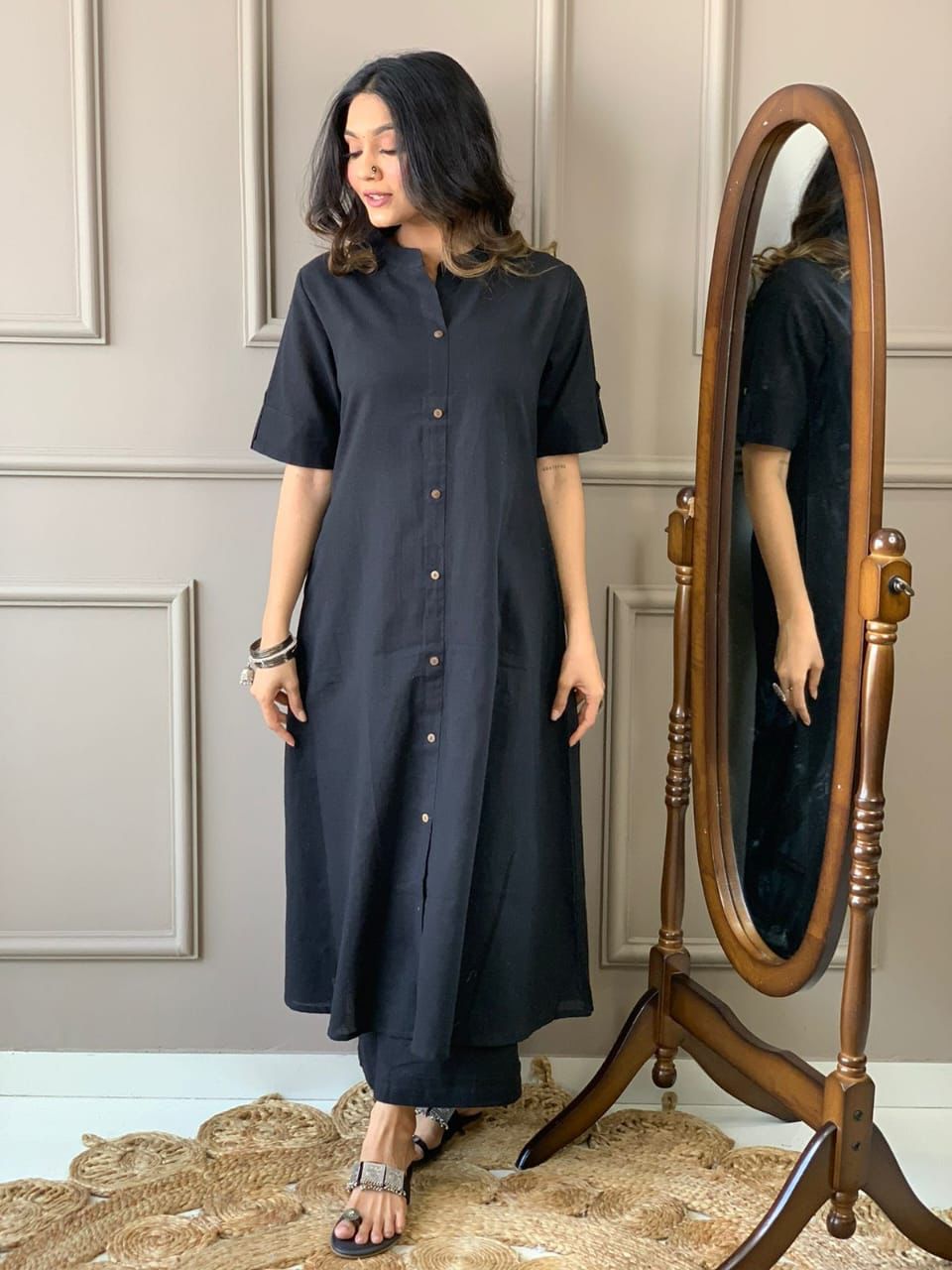 Cotton Slub A-Line Kurti Co-Ord Set with Ankle-Length Plazo