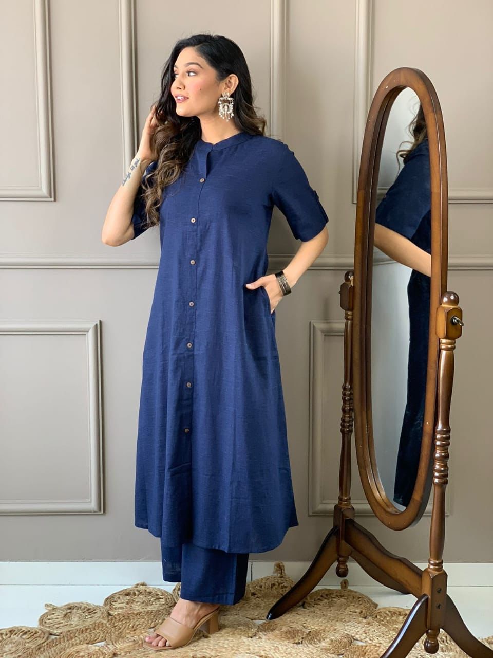 Cotton Slub A-Line Kurti Co-Ord Set with Ankle-Length Plazo