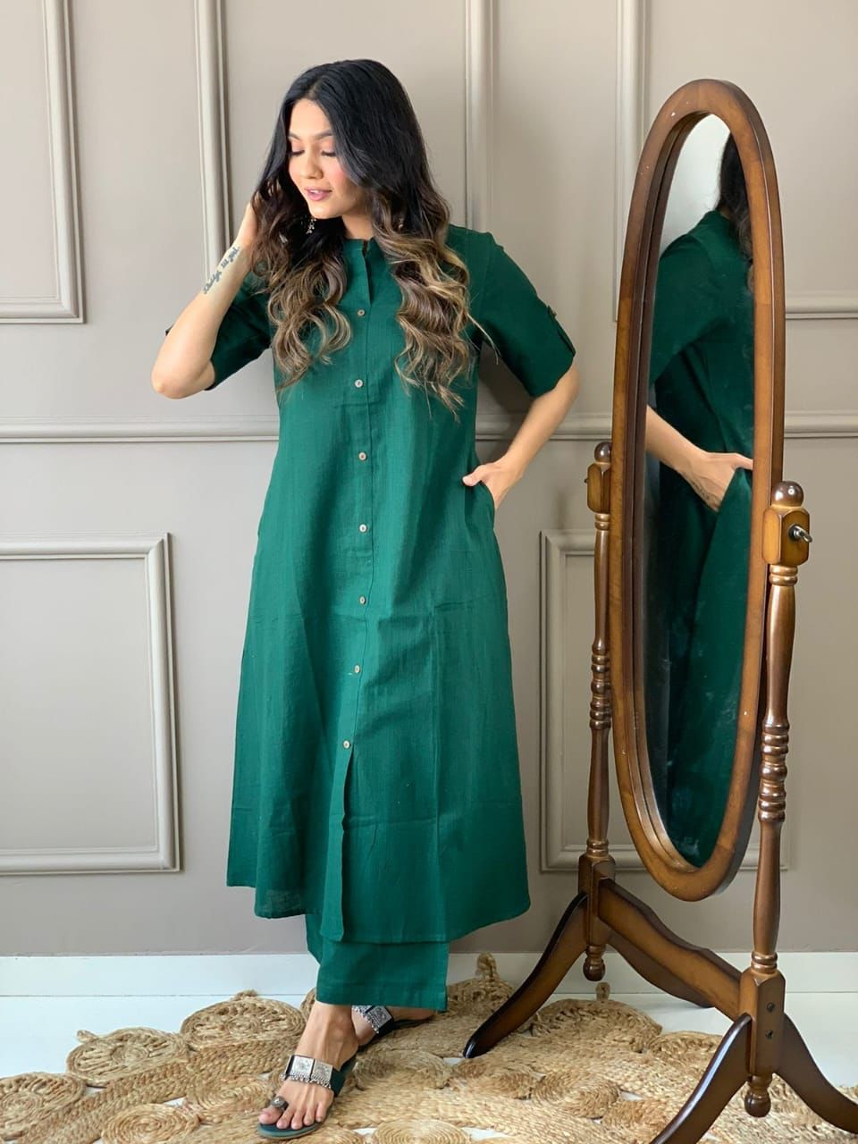 Cotton Slub A-Line Kurti Co-Ord Set with Ankle-Length Plazo
