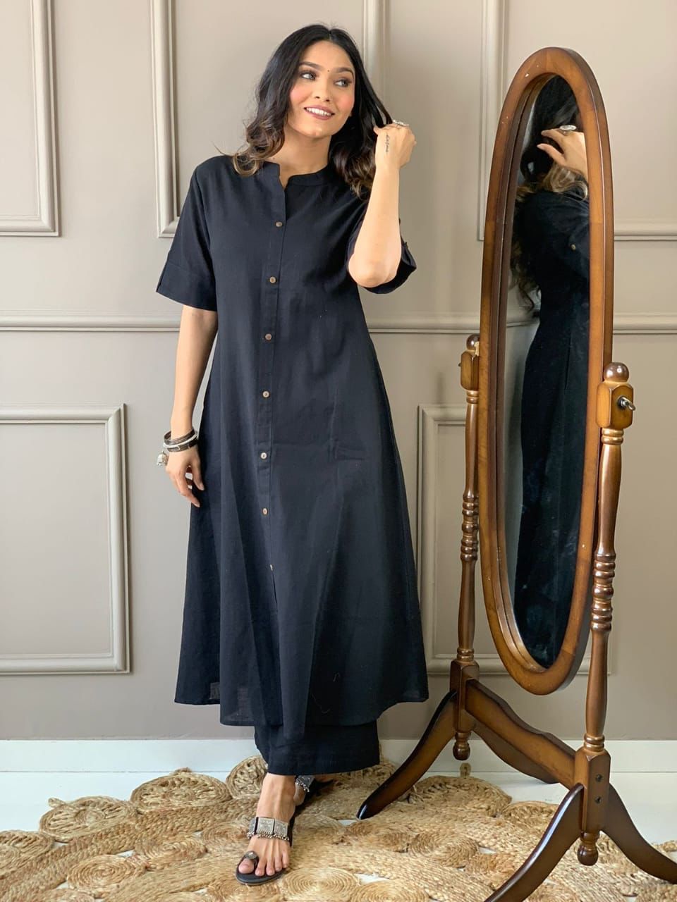 Cotton Slub A-Line Kurti Co-Ord Set with Ankle-Length Plazo