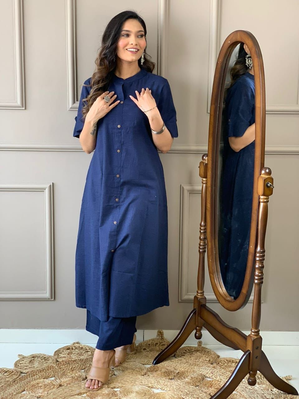 Cotton Slub A-Line Kurti Co-Ord Set with Ankle-Length Plazo