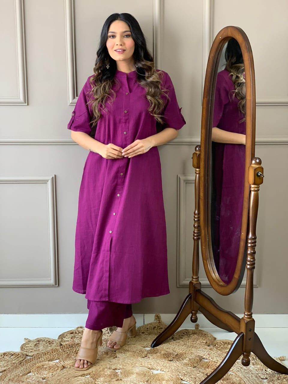 Cotton Slub A-Line Kurti Co-Ord Set with Ankle-Length Plazo